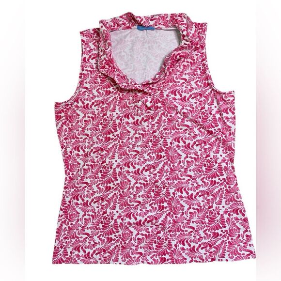 J. McLaughlin Pink and White Leaf Print Durham Ruffle Neck Sleeveless Top - Picture 1 of 9